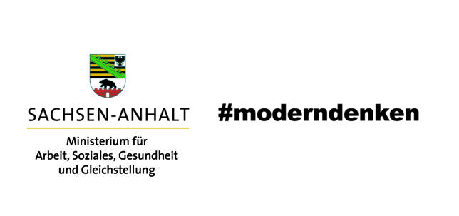 Logo Ministerium für Arbeit, Soziales, Gesundheit und Gleichstellung des Landes Sachsen-Anhalt und Hashtag "modern denken"
